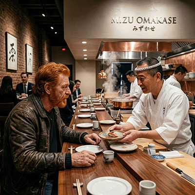 Cross discusses the meal with Chef Kenji Haramoto